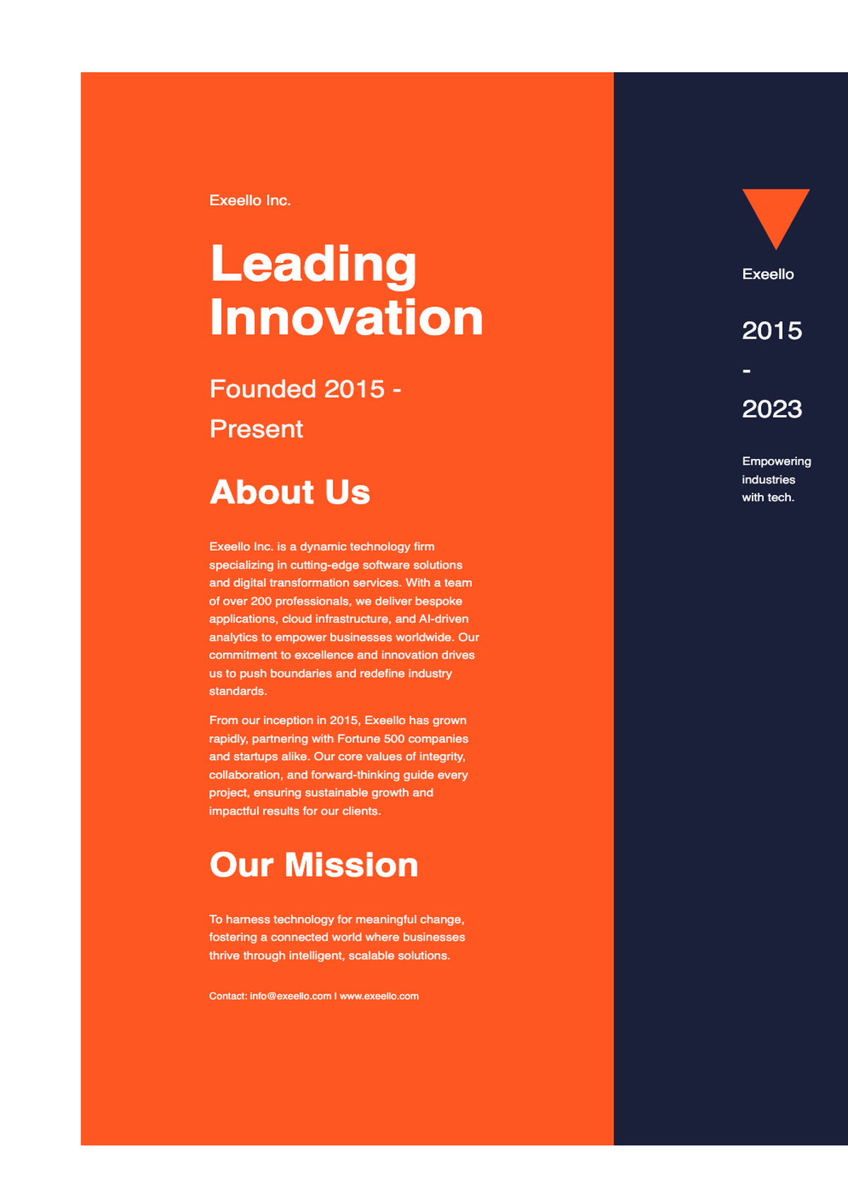 Corporate company profile brochure for Exeello inc with dual cityscape imagery and bold color_variant_3